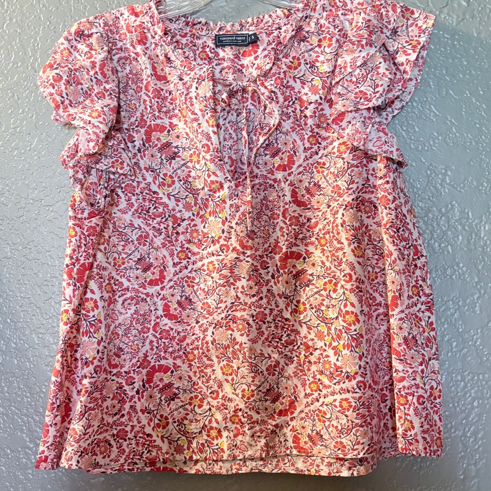 NWOT Vineyard Vines Coral Pink Floral Ruffle Sleeve Cotton & Silk Blend Blouse